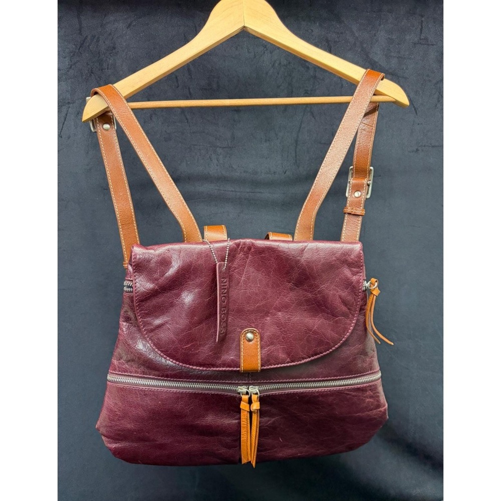 Nino Bossi Burgundy Leather Bookbag Purse Hobo Y2K Travel Bag Backpack Purse